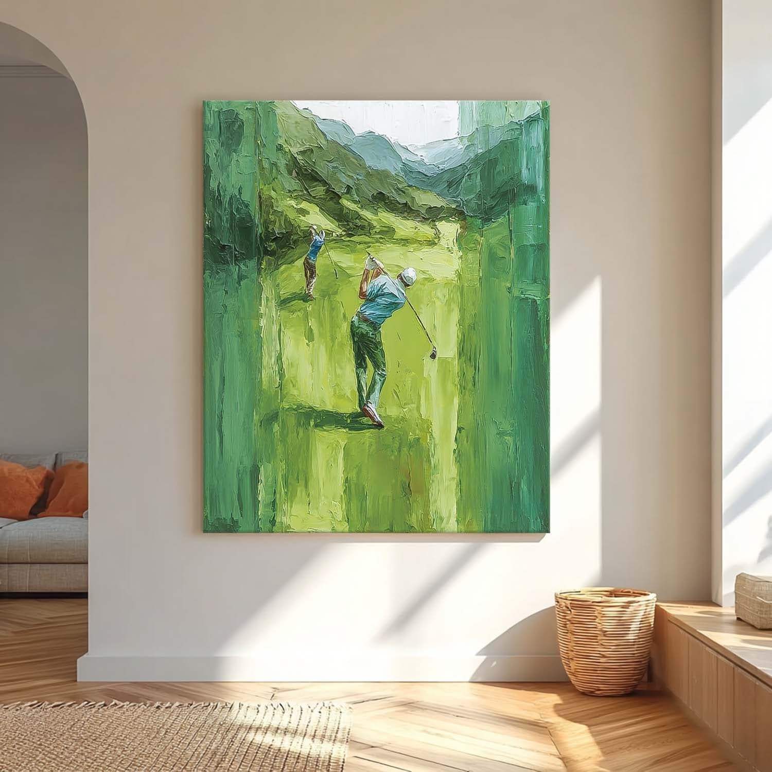 Large Green Hills Full Of Life Wall Art Abstract Golf Oil Painting Canvas Original People sports Artwork