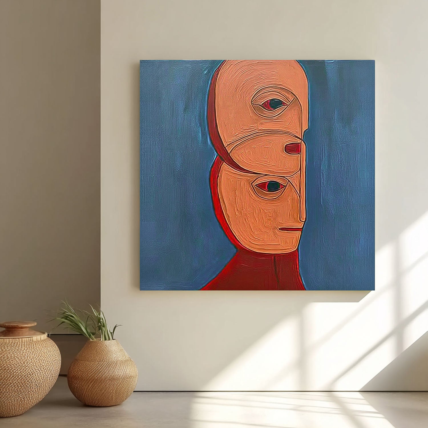 Square Large Abstract Portrait Wall Art Original Warm Color Textured People Painting Canvas Home Decor