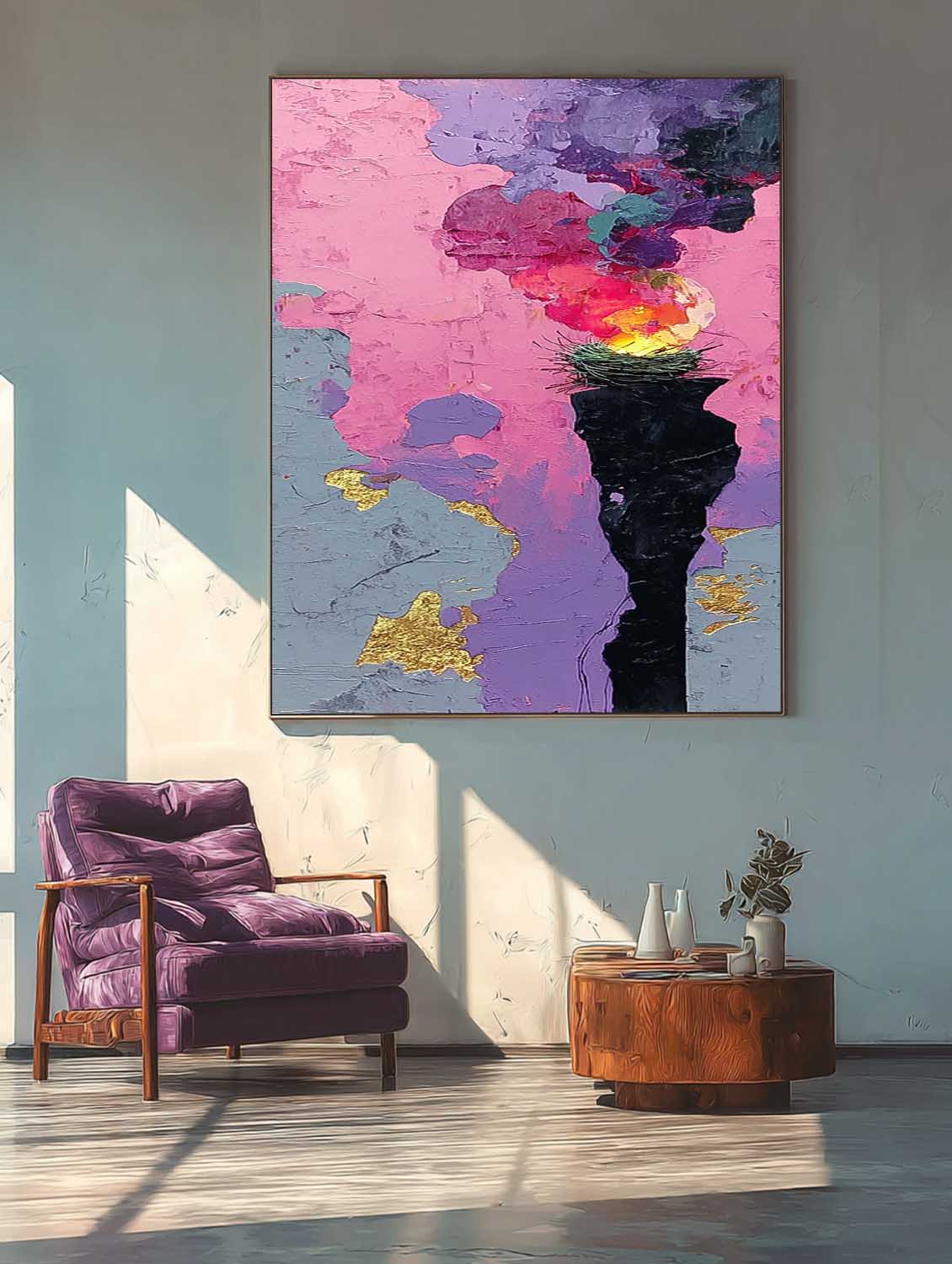 Original Bird's Nest Flames Painting Bright Texture Acrylic painting Abstract Large Wall Art Fashion Art