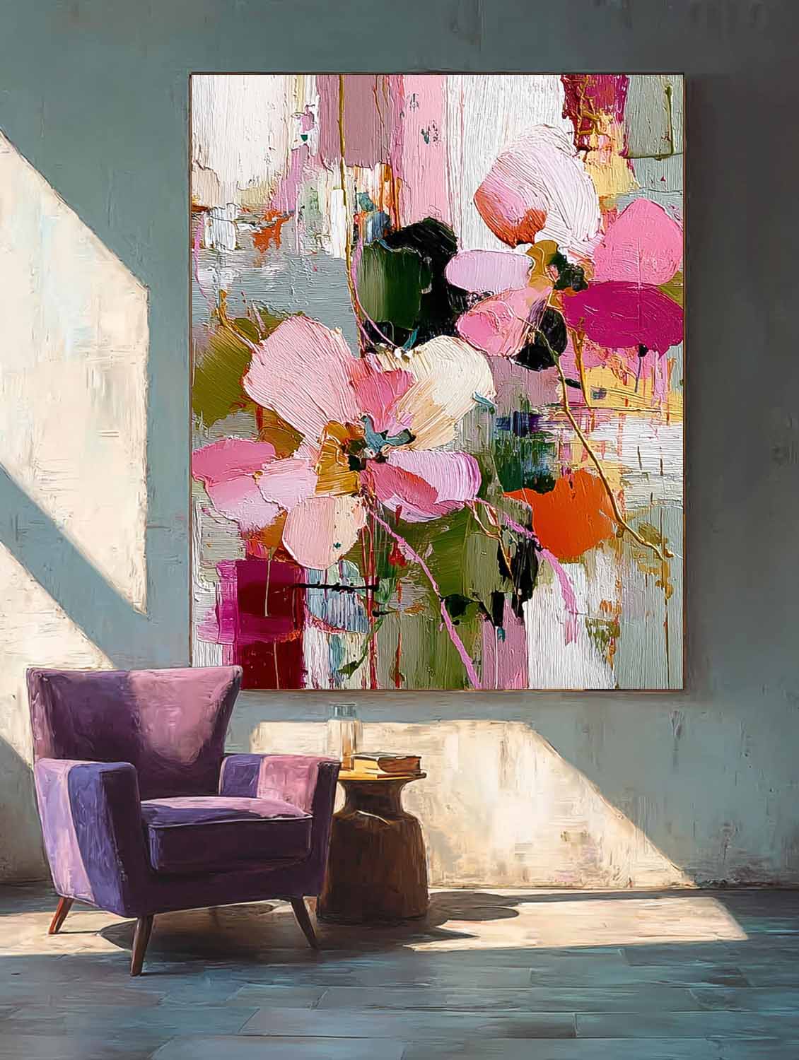 Large Pink Flower Abstract Painting Canvas Original Artwork Texture Plant Wall Art For Living Room