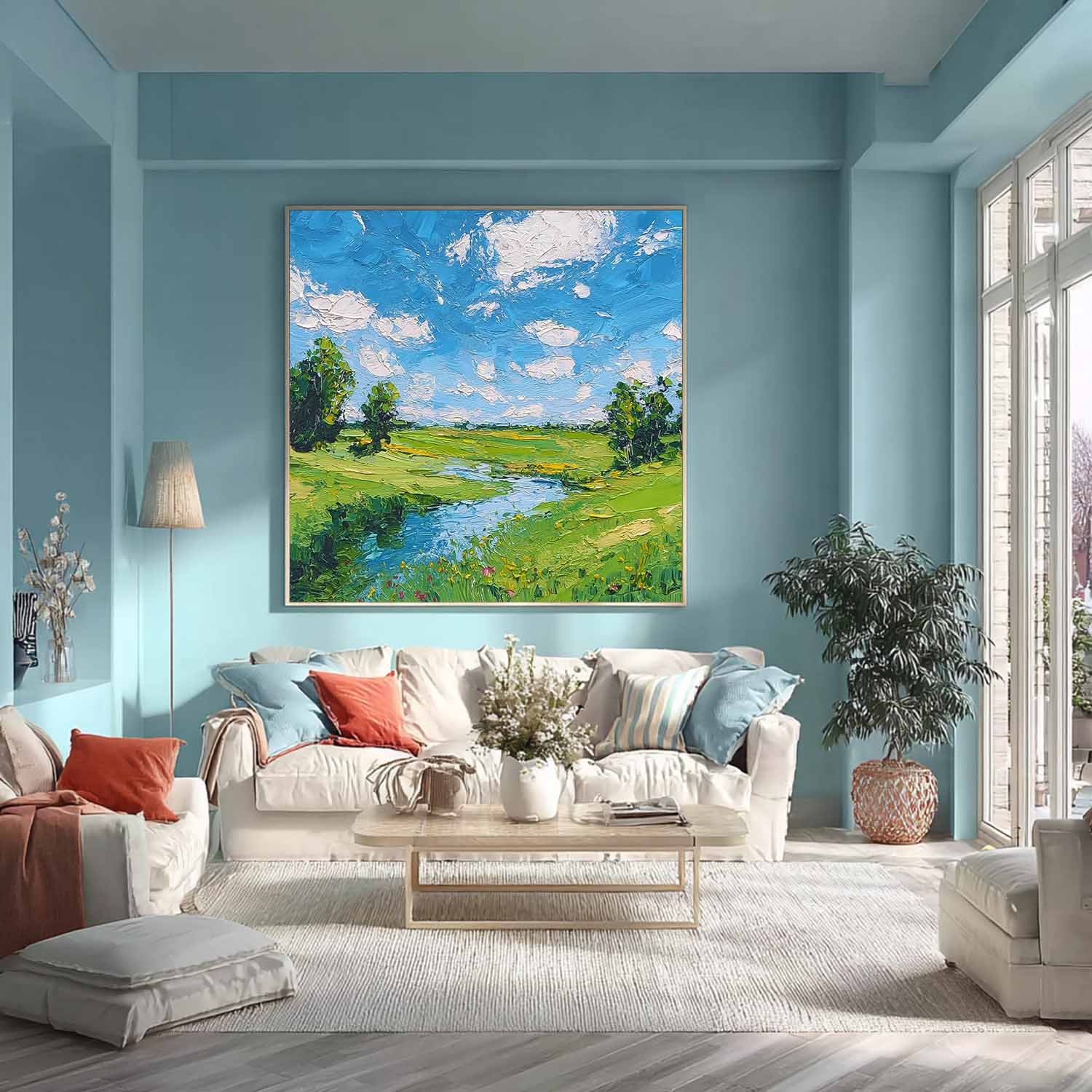 Large Texture Scenery Wall Art Framed Abstract Fields And Rvers Landscape Oil Painting Rural Warmth Artwork