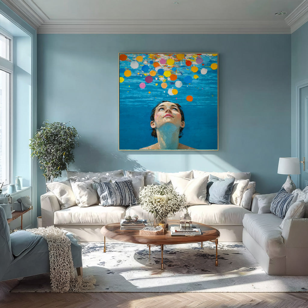 Diving Oil painting Blue Abstract Swimming Girl Wall Art Diving in Ocean Woman Handmade Canvas Artwork