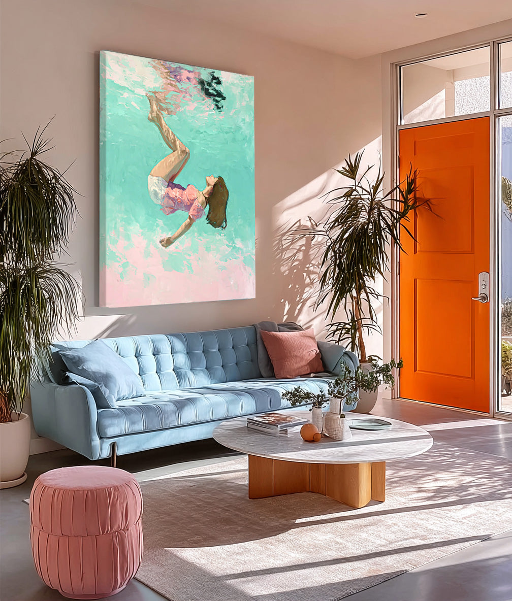 Green And Pink Diving In Ocean Woman Acrylic Painting Cute Lady Artwork Original Girl swimming Wall Art