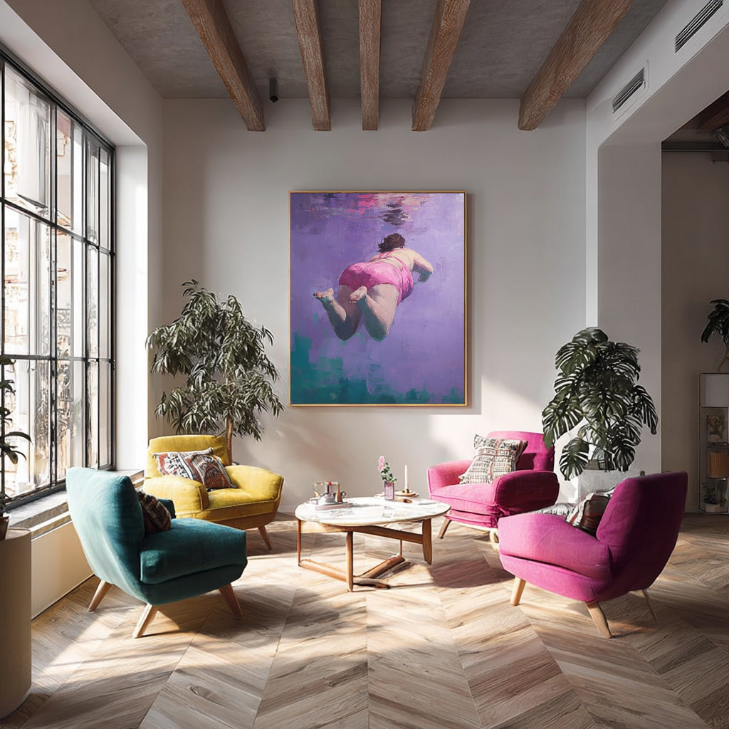 Purple Original Girl swimming Wall Art Diving In Ocean Sensual Woman Acrylic Painting Cute Lady Artwork