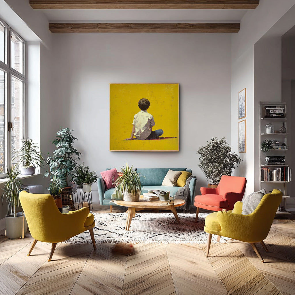 Minimalist Boy View Of Back Painting Bright Yellow Wall Art Abstract Warm atmosphere Art For Living Room