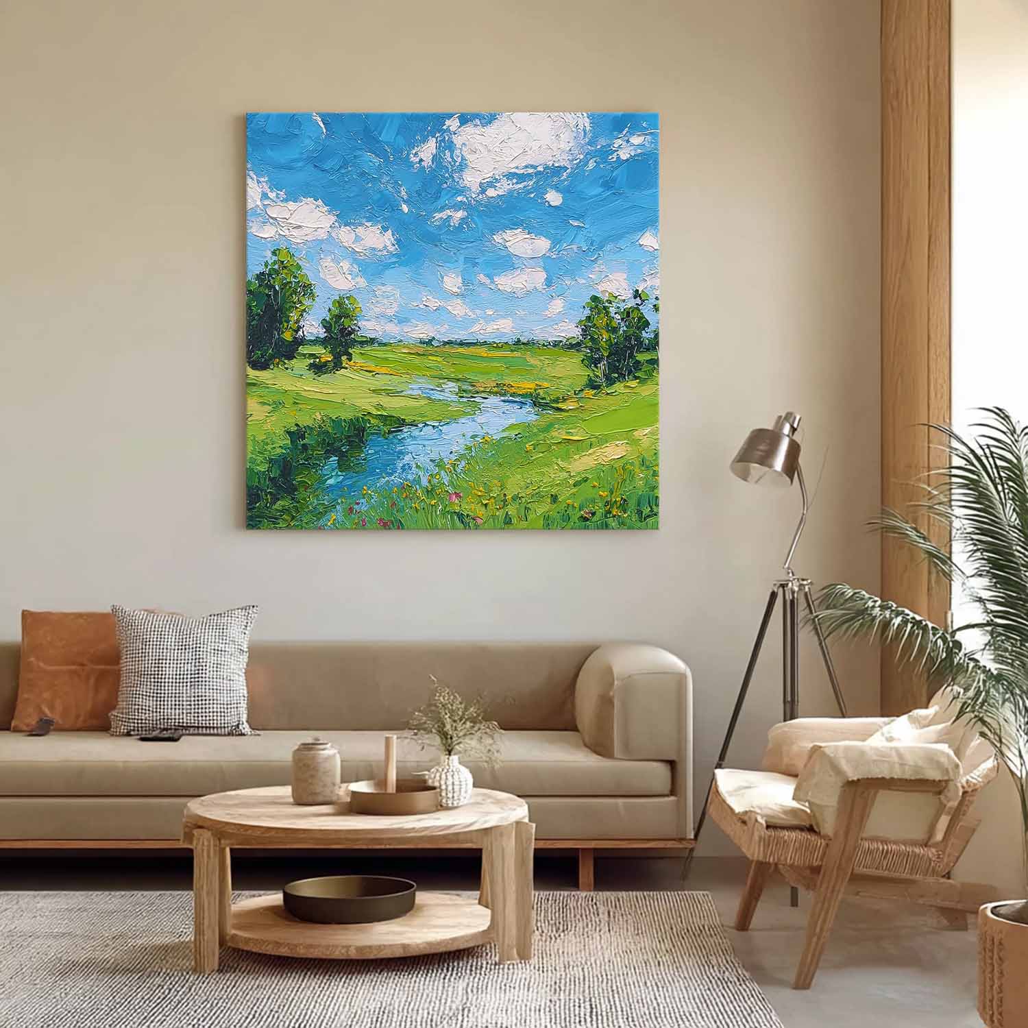 Large Texture Scenery Wall Art Framed Abstract Fields And Rvers Landscape Oil Painting Rural Warmth Artwork