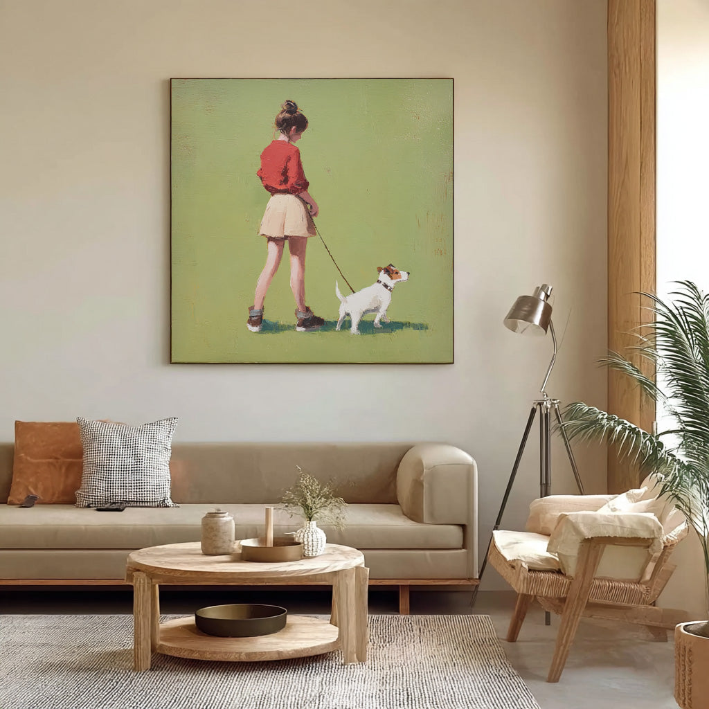 Green Grassland Wall Art Minimalist Girl Walking The Dog Painting Abstract Warm And Peaceful atmosphere