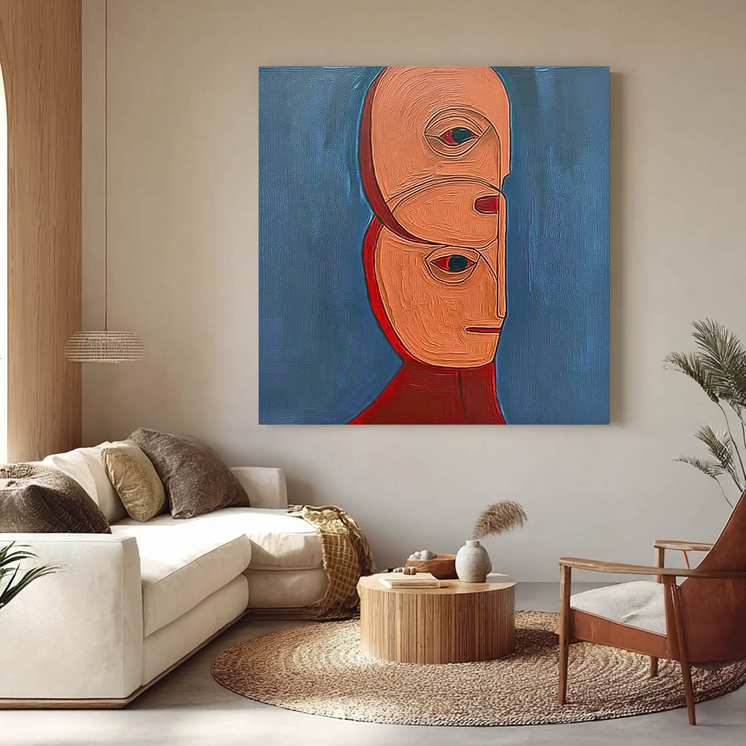 Square Large Abstract Portrait Wall Art Original Warm Color Textured People Painting Canvas Home Decor