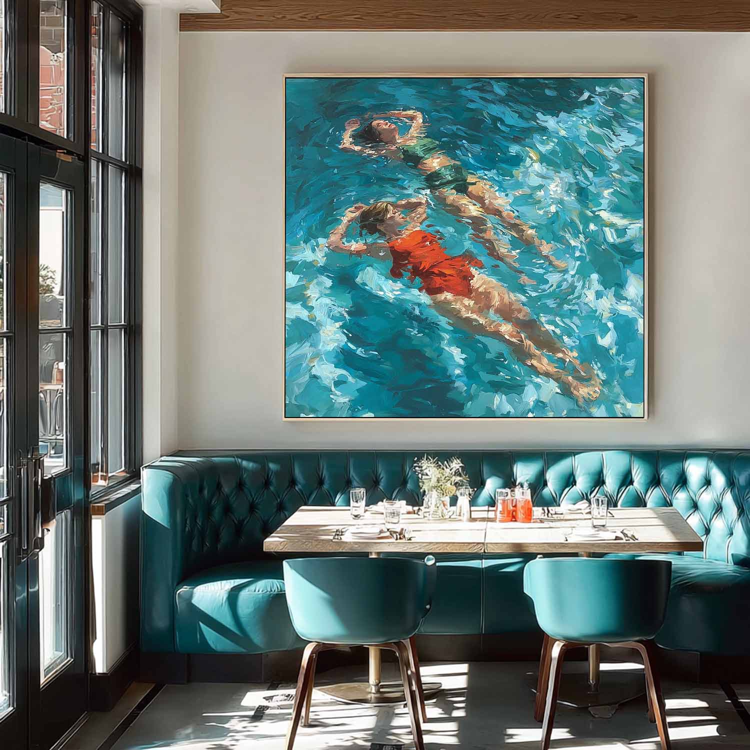 Original Best Friend swimming Wall Art Lady Artwork Square Diving In Ocean Sisters Acrylic Painting