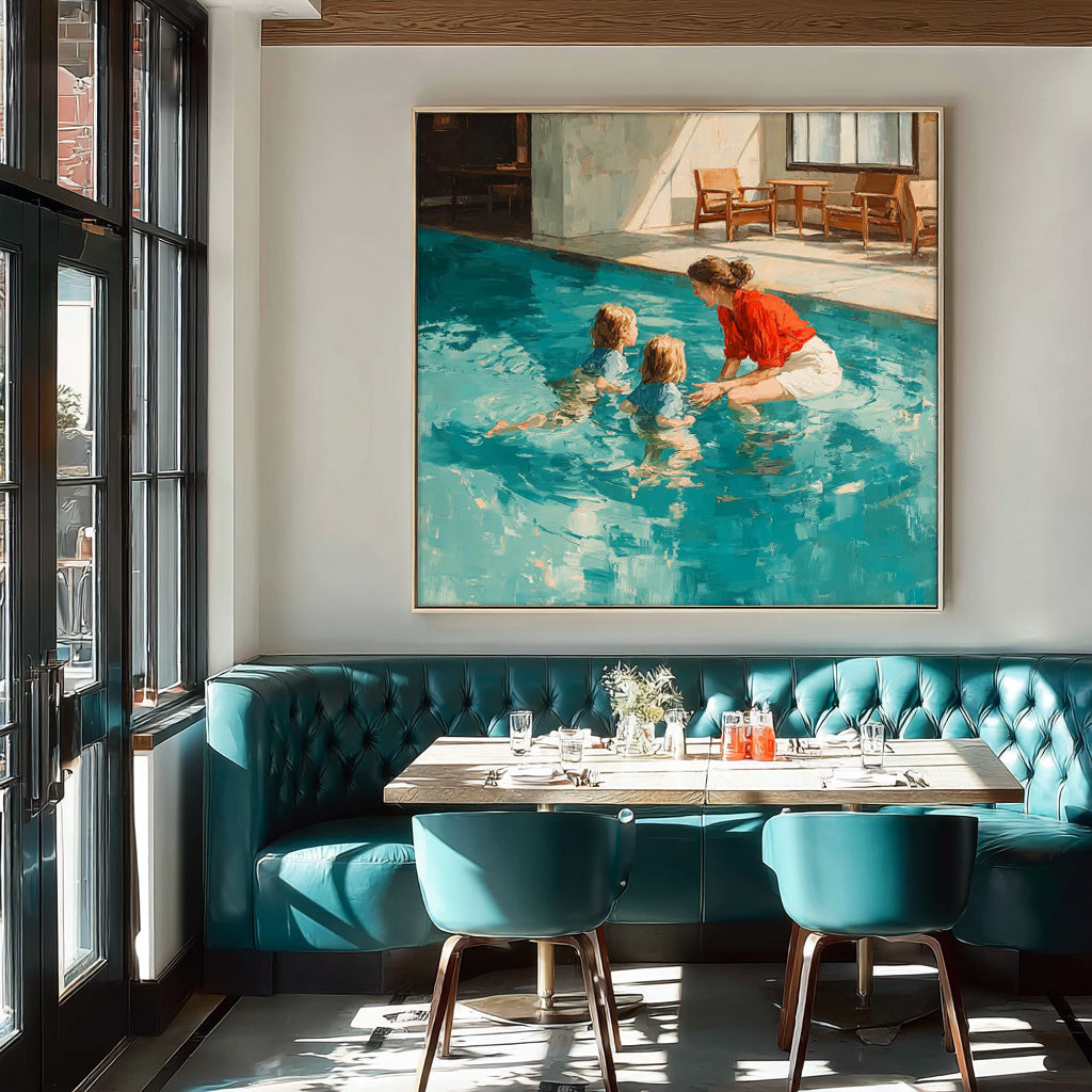 Original Family swimming Wall Art Square Diving In Ocean Mother And Her child Acrylic Painting Large Artwork