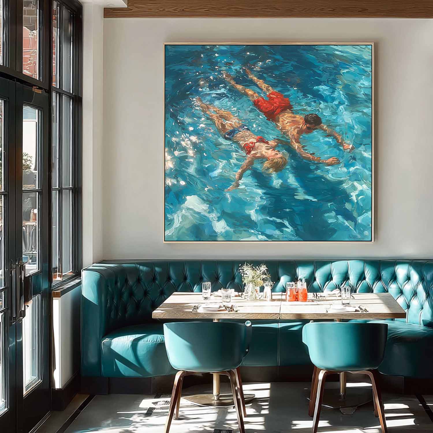 Original Couple swimming Wall Art Lady And Man Artwork Square Diving In Ocean Acrylic Painting