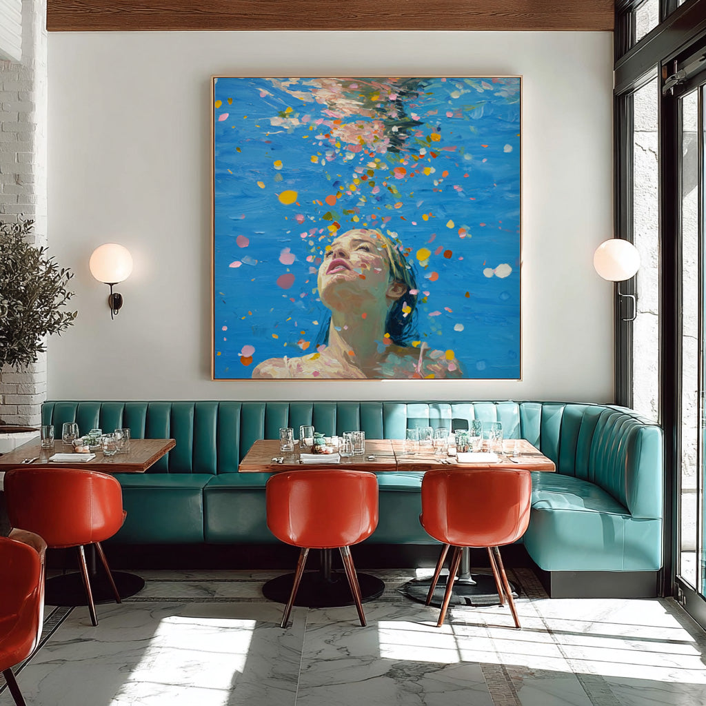 Blue Abstract Swimming Girl Wall Art Diving Oil painting Diving in Ocean Woman Handmade Canvas Artwork