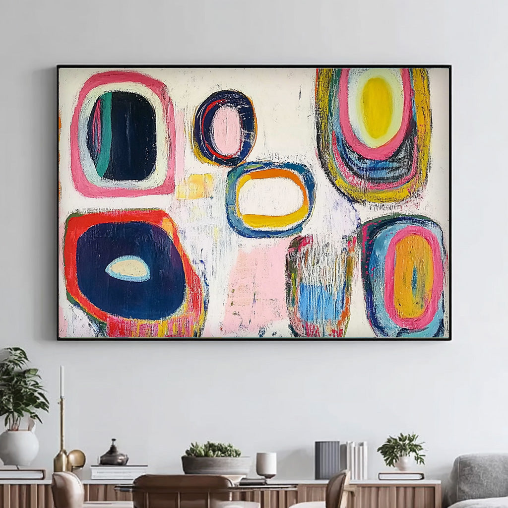 White Abstract Oil Painting Modern Colorful Handmade Artwork Original Irregular Geometric Circles Wall Art