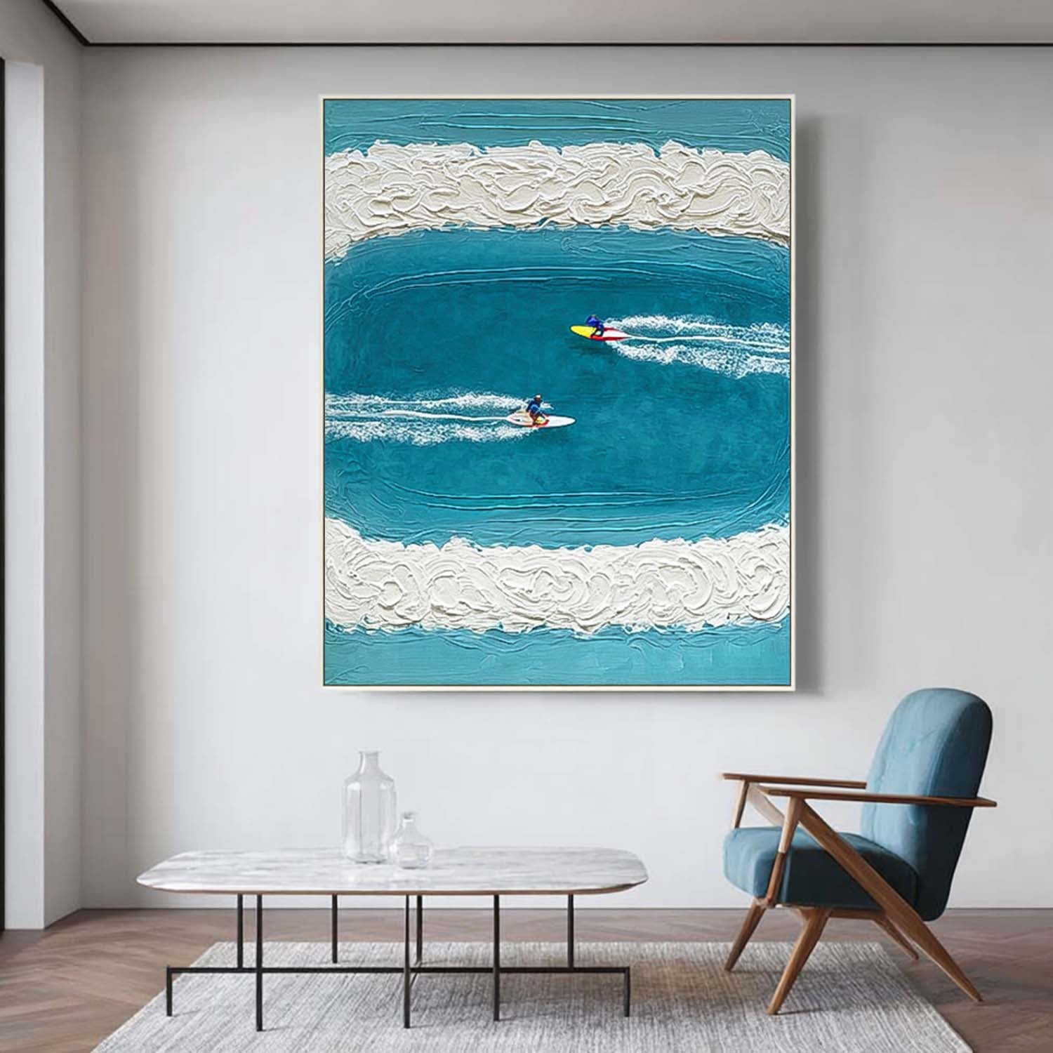 Abstract Surfer Landscape Blue Ocean Wall Art Minimalist Surfing Art Contemporary Ocean Painting Decor