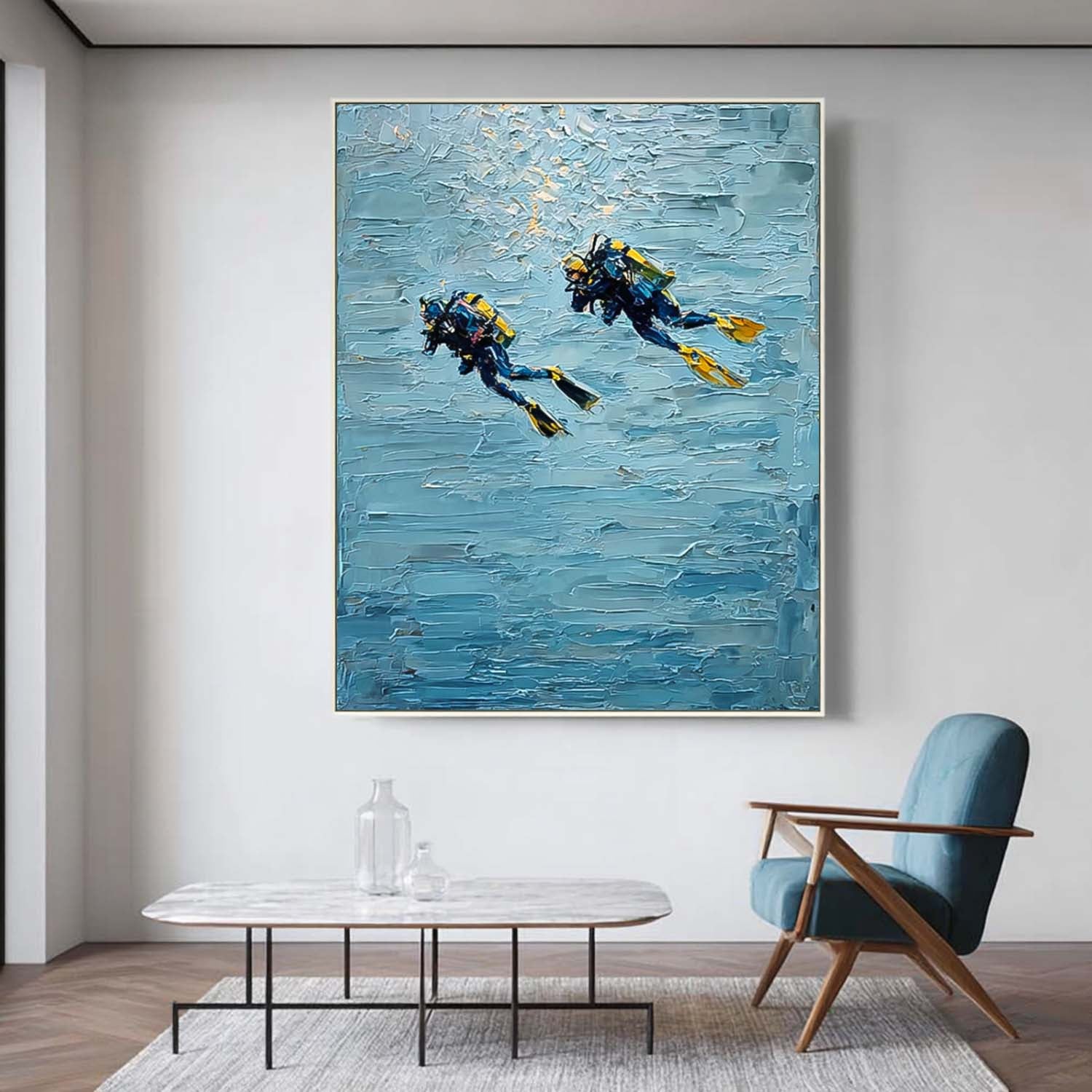 Blue Texture Painting Minimalist Diving Art Abstract Underwater Artwork Large Ocean Painting Diving Gifts