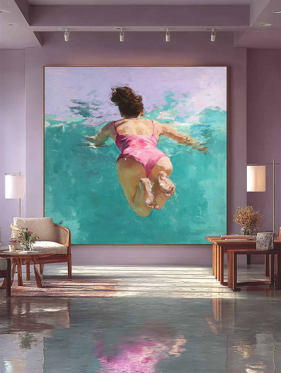 Color Original Girl swimming Wall Art Diving In Ocean Sensual Woman Acrylic Painting Cute Lady Artwork