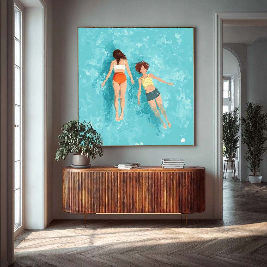 Original Girl swimming Wall Art Young Lady Artwork Square Diving In Ocean Sensual Woman Acrylic Painting