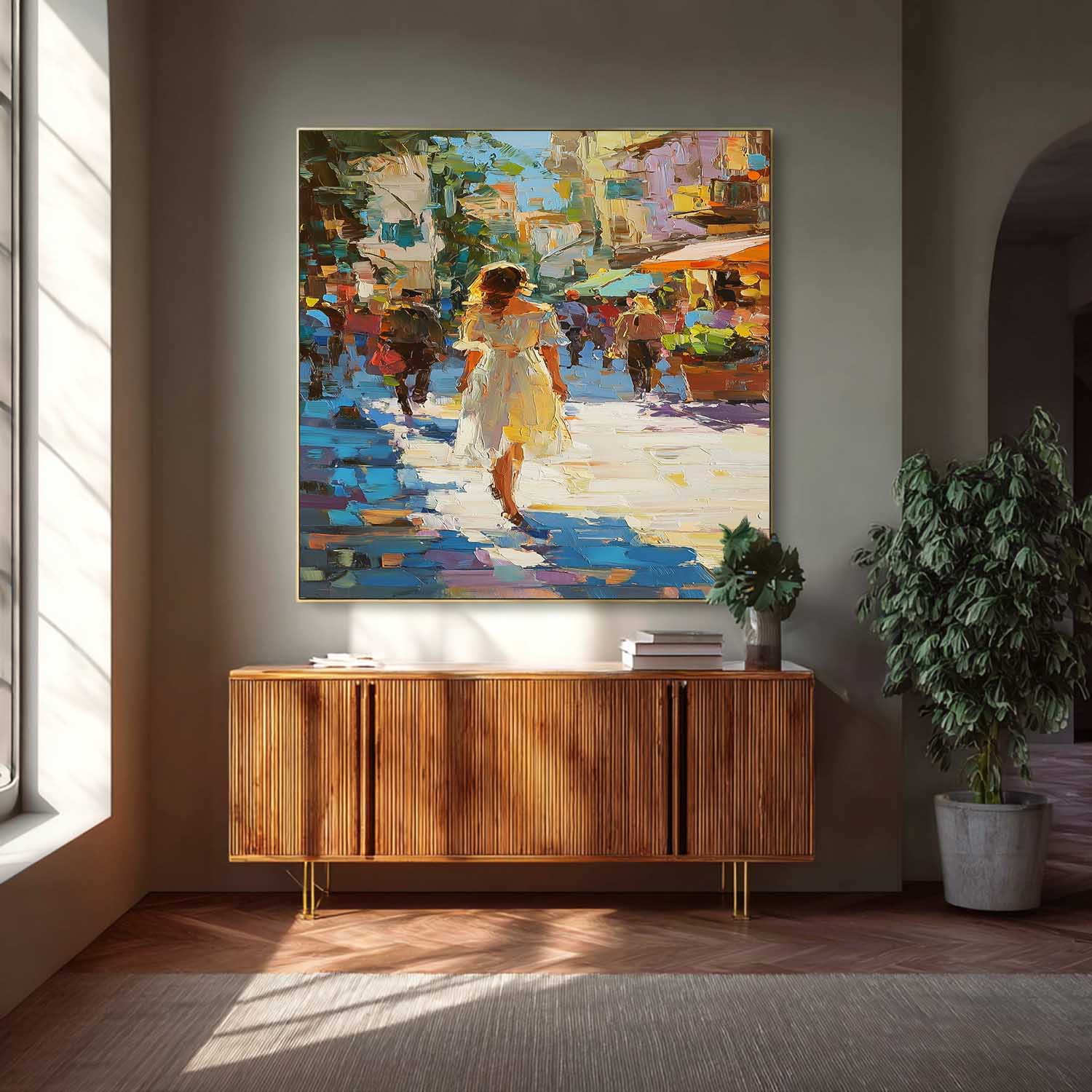 Colorful Impressionist Street Scene Oil Painting Original Artwork City Street Market Scene For Living Room