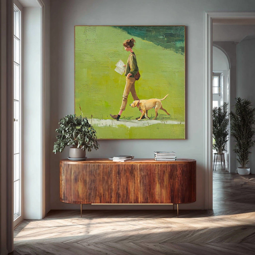 Minimalist Girl Walking The Dog Painting Abstract Warm And Peaceful atmosphere Landscape Green Grassland Wall Art