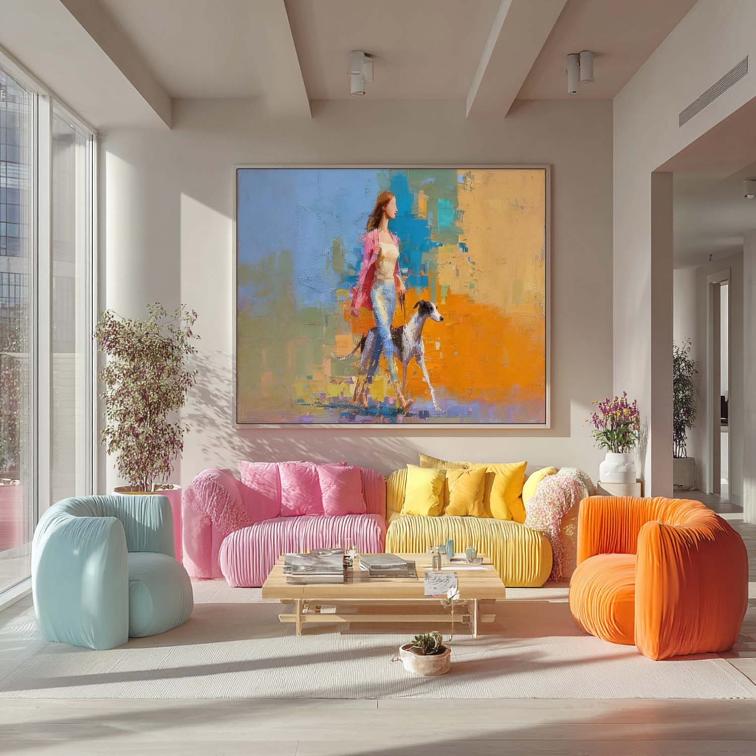 Modern Impressionist Painting Elegant Woman Walking Greyhound Dog Colorful Figurative Abstract Contemporary Art