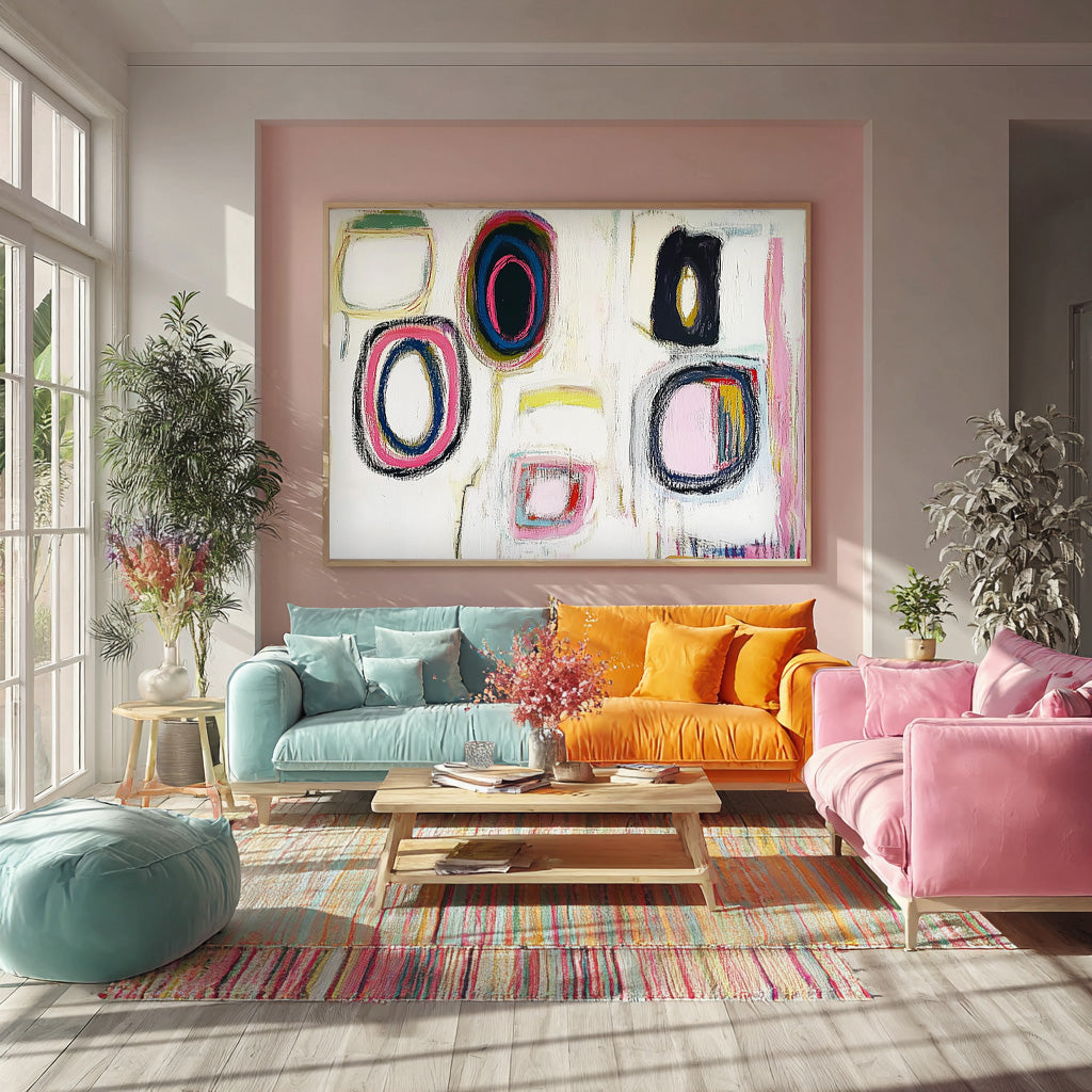 White Abstract Handmade Oil Painting Modern Colorful Artwork Original Irregular Geometric Circles Wall Art