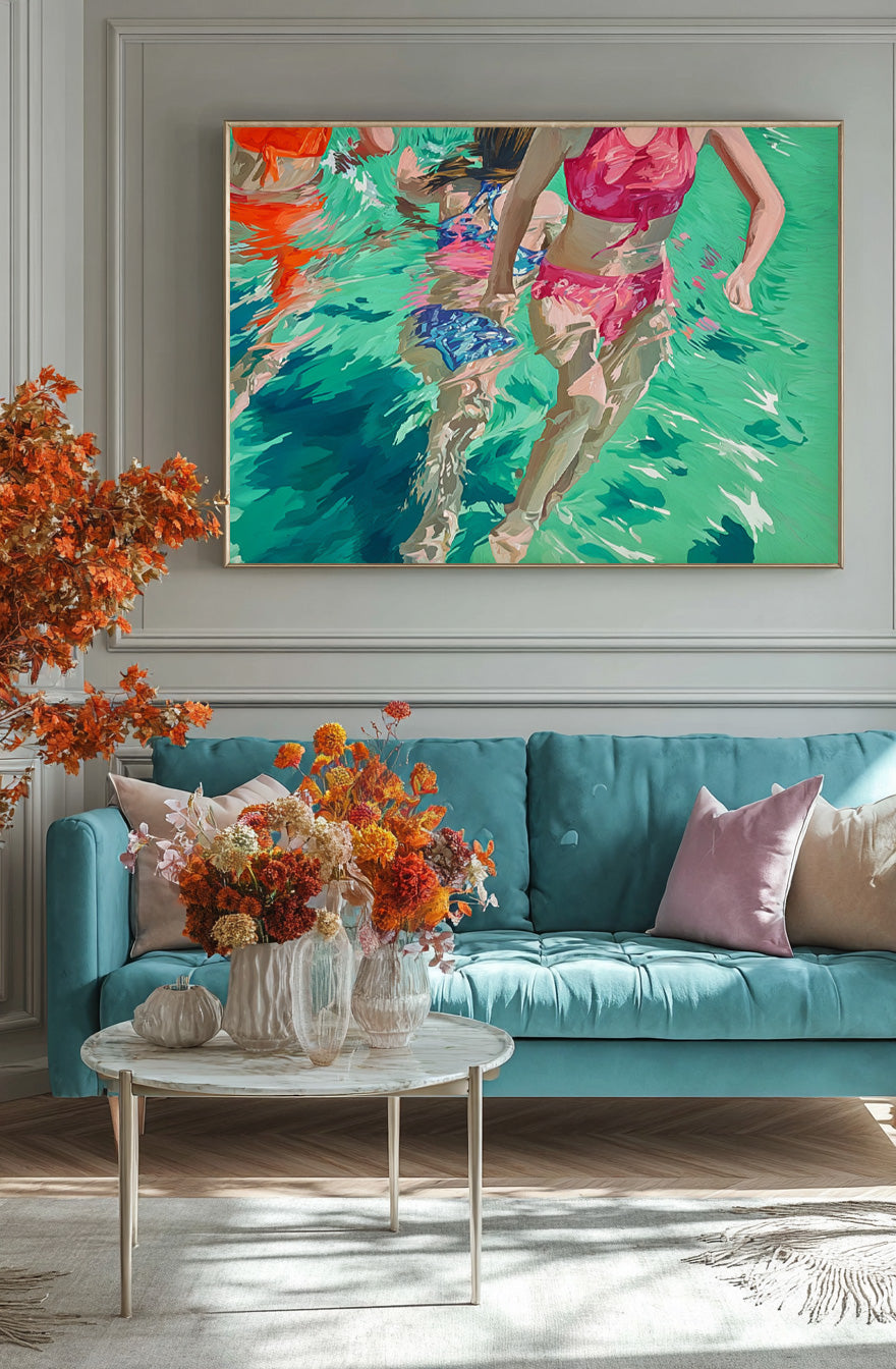 Original Girl Diving Oil Painting Diving In Ocean Sensual Woman Swimming Wall Art Abstract Colorful Artwork