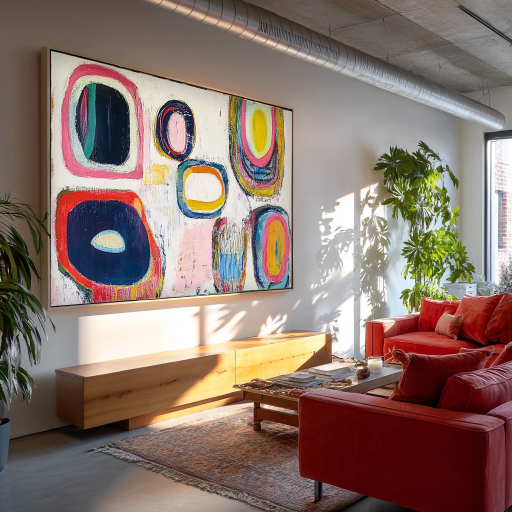 White Abstract Oil Painting Modern Colorful Handmade Artwork Original Irregular Geometric Circles Wall Art