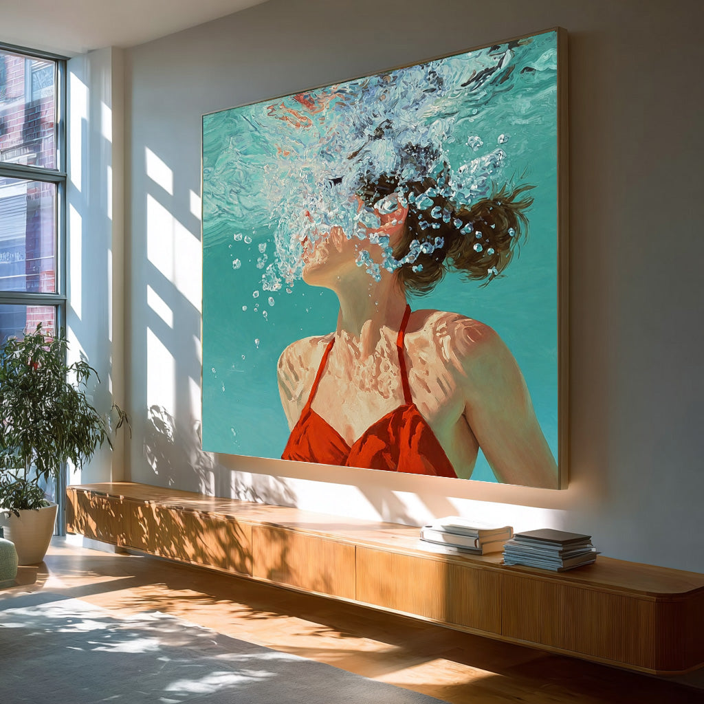 Square Diving In Ocean Sensual Woman Acrylic Painting Original Girl swimming Wall Art Lovely Lady Artwork