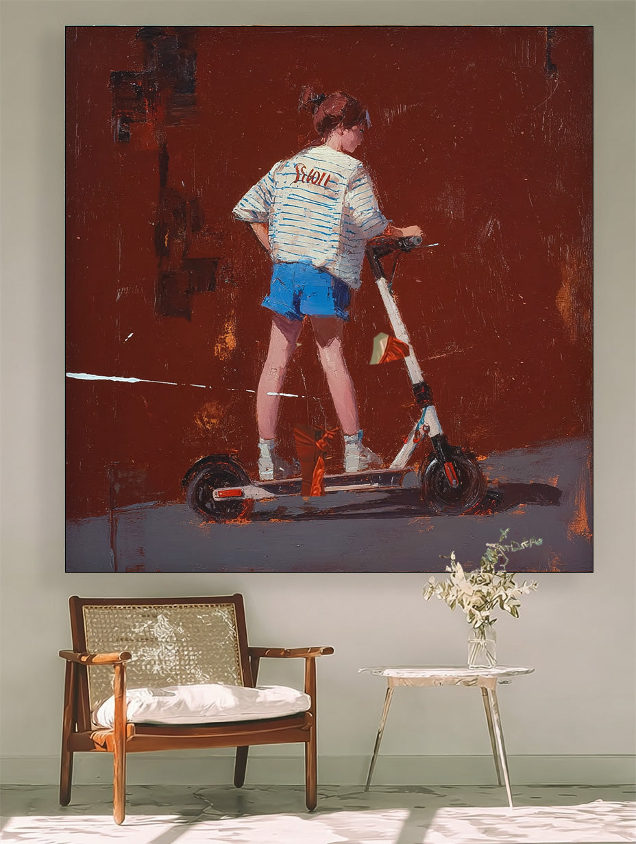 Original Red Wall Art Abstract Fashionable Street Style Minimalist Energetic Girl Riding A Scooter Painting