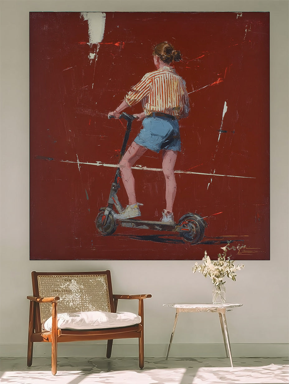 Abstract Fashionable Street Style Original Red Wall Art Minimalist Energetic Girl Riding A Scooter Painting