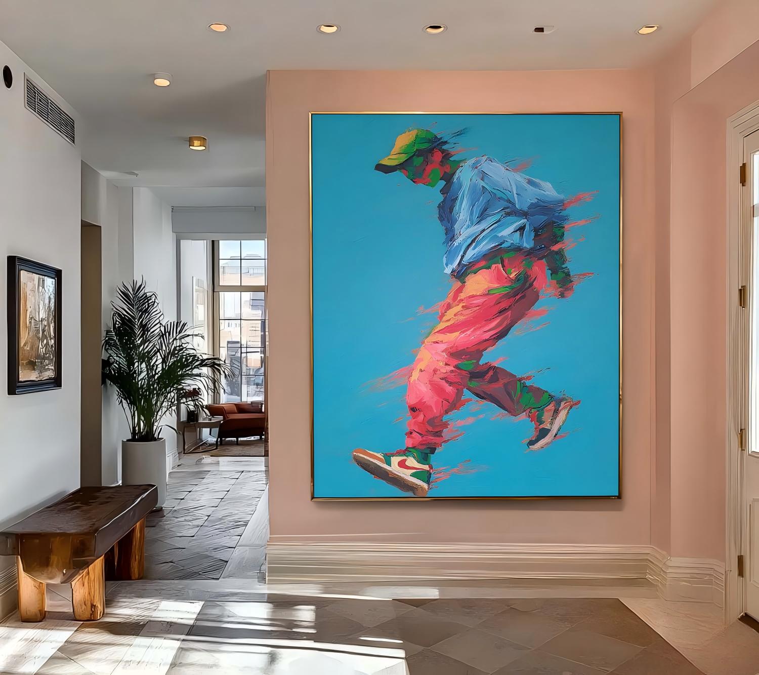 Abstract Motion Figure Colorful Urban Artwork Dynamic Running Man Impasto Painting Energetic Sport Wall Art