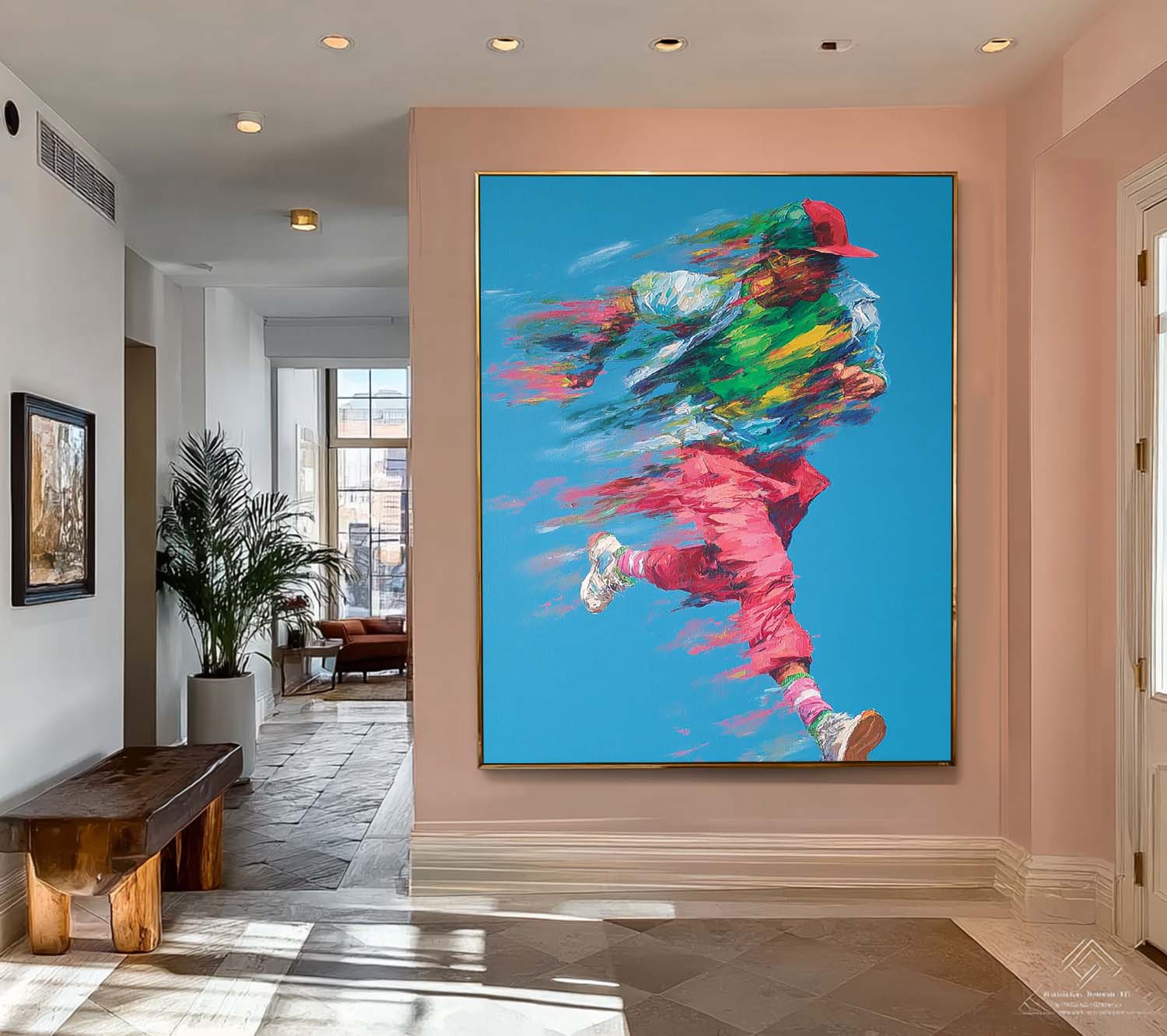 Dynamic Running Man Impasto Painting Energetic Sport Wall Art Abstract Motion Figure Colorful Urban Artwork