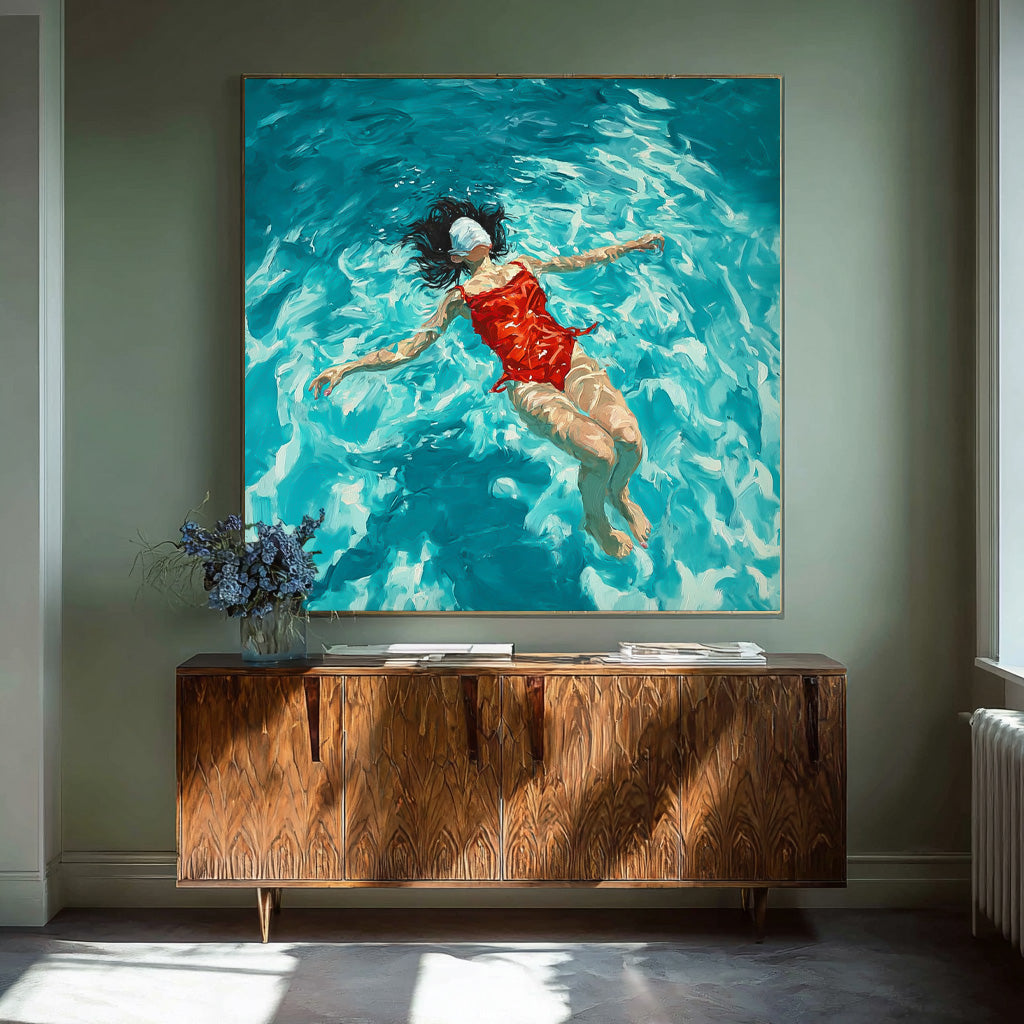Square Diving In Ocean Sensual Woman Acrylic Painting Original Girl swimming Wall Art Pretty Lady Artwork