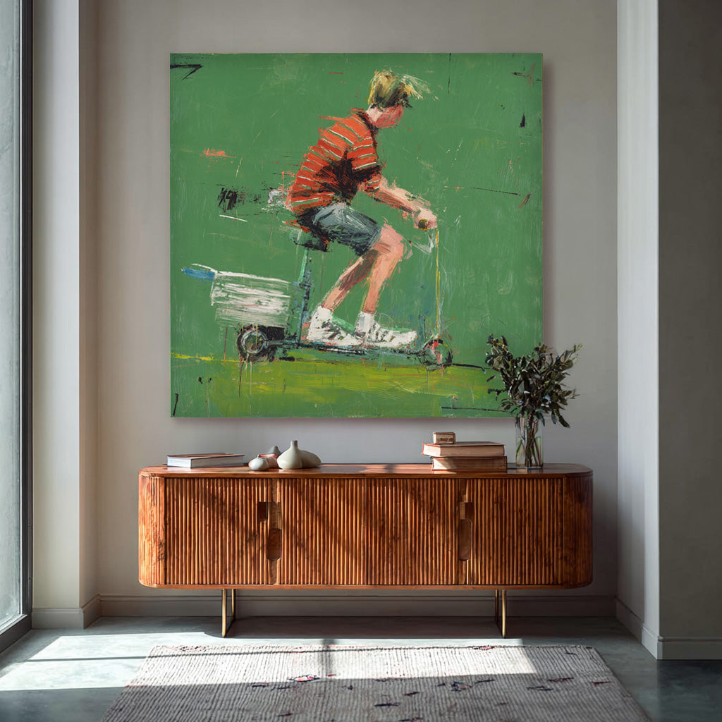 Minimalist Energetic Boy Riding A Scooter Painting Abstract Fashionable Street Style Original Green Wall Art
