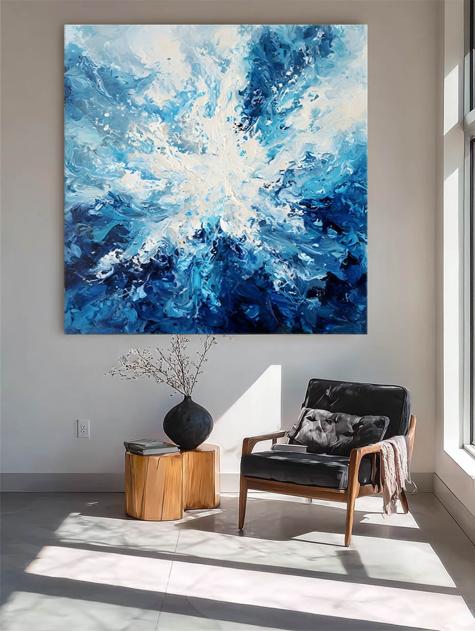 Abstract Blue Ocean Wave Canvas Art Modern Contemporary Painting For Living Room Vibrant Hand Painted Style