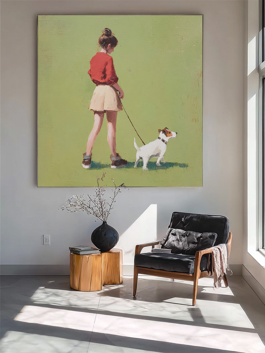 Green Grassland Wall Art Minimalist Girl Walking The Dog Painting Abstract Warm And Peaceful atmosphere