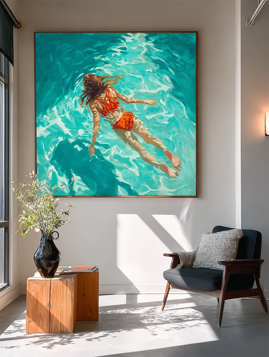 Pretty Lady Artwork Square Diving In Ocean Sensual Woman Acrylic Painting Original Girl swimming Wall Art