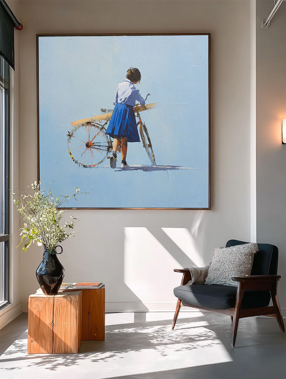 Minimalist Girl Riding A Bicycle Painting Blue Wall Art Abstract Warm atmosphere Art For Living Room