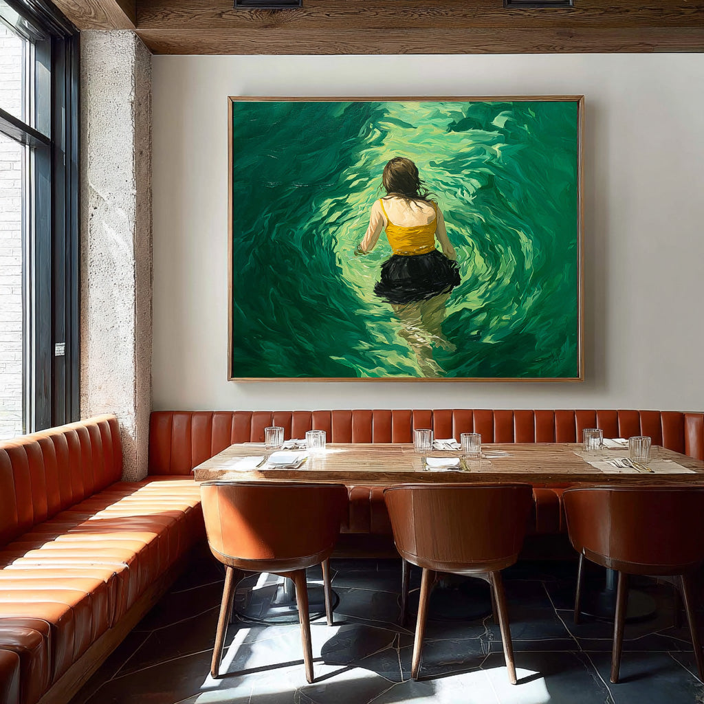 Abstract Green Artwork Original Girl Diving In Ocean Painting Sensual Lady Figure Swimming Wall Art