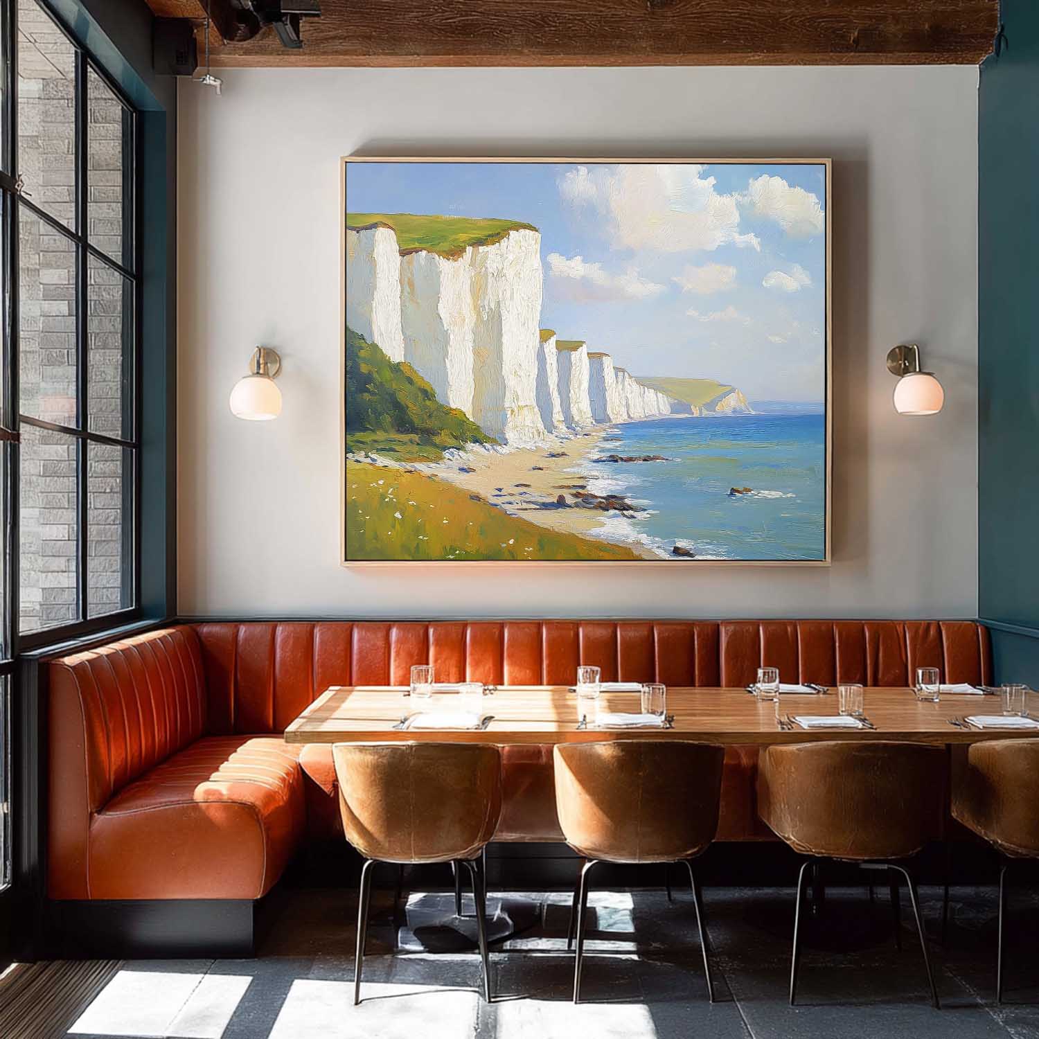 Abstract Tranquil Sea View Landscape White Cliffs And Coastal Scenery Painting Large Fresh Blues Wall Art