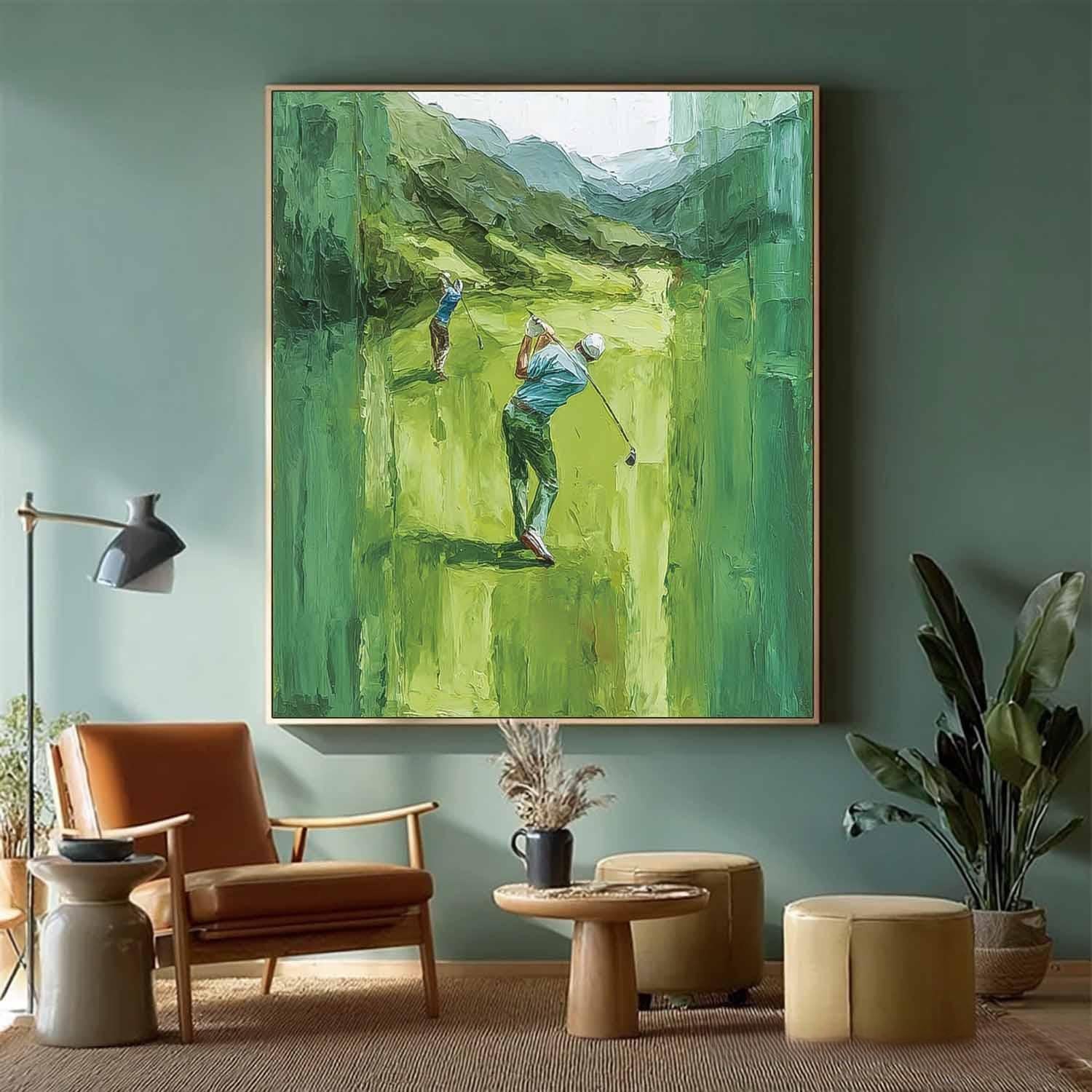 Large Green Hills Full Of Life Wall Art Abstract Golf Oil Painting Canvas Original People sports Artwork