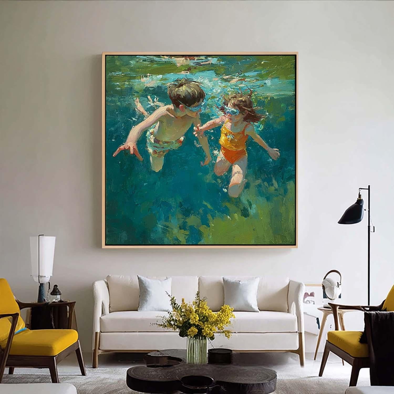 Square Diving In Ocean Acrylic Painting Two Children Artwork Original Child swimming Wall Art For Living Room