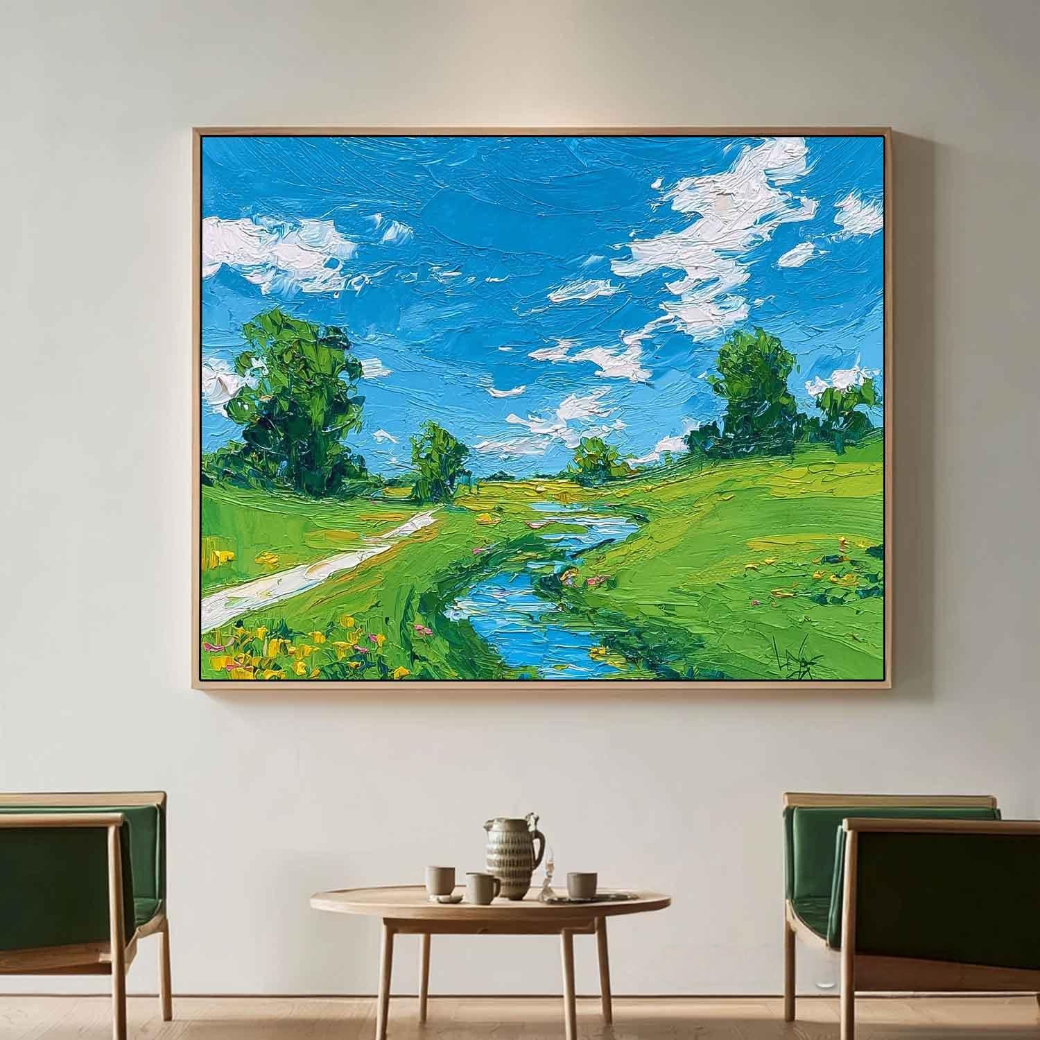 Abstract Fields And Rvers Landscape Oil Painting Rural Warmth Artwork Large Texture Scenery Wall Art Framed
