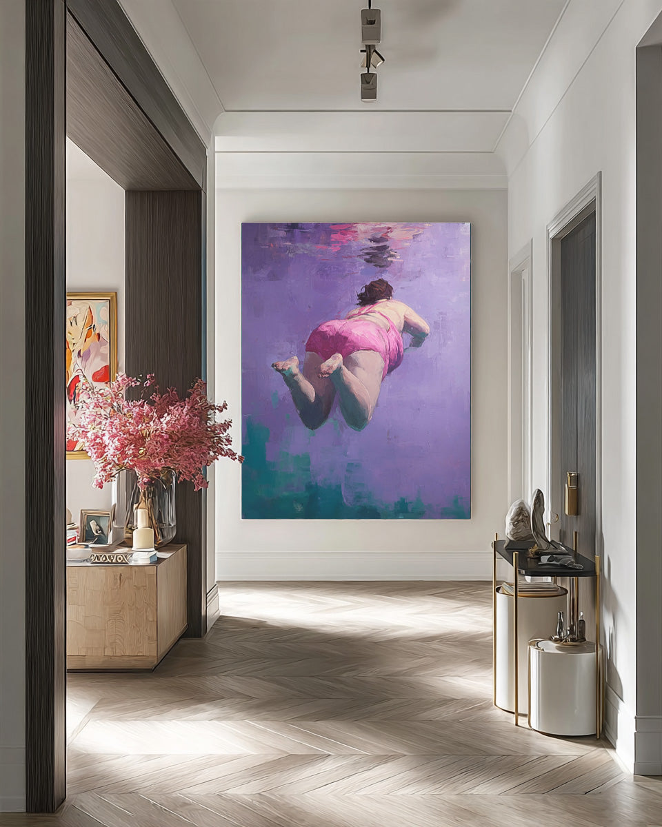 Purple Original Girl swimming Wall Art Diving In Ocean Sensual Woman Acrylic Painting Cute Lady Artwork