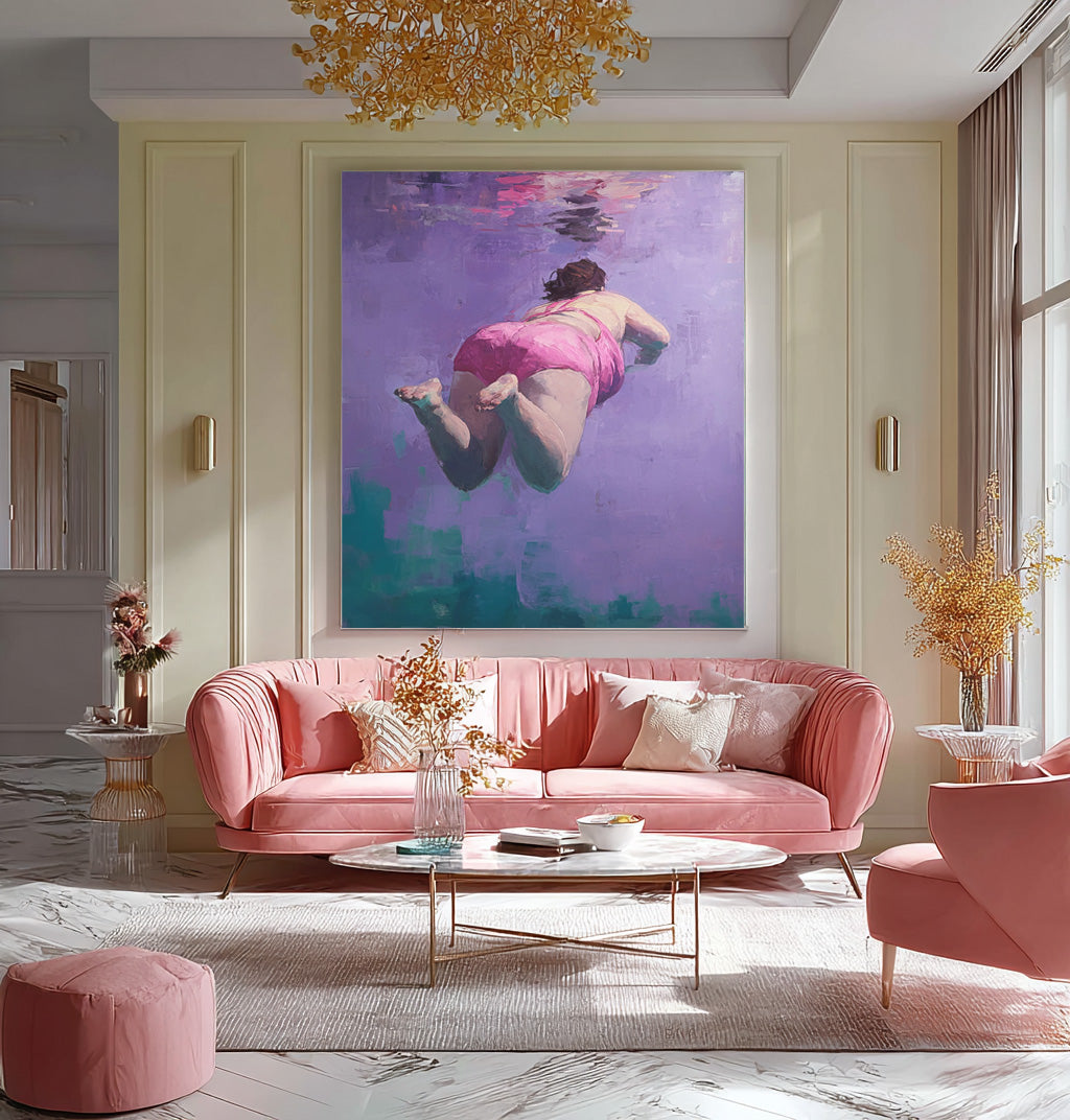 Purple Original Girl swimming Wall Art Diving In Ocean Sensual Woman Acrylic Painting Cute Lady Artwork