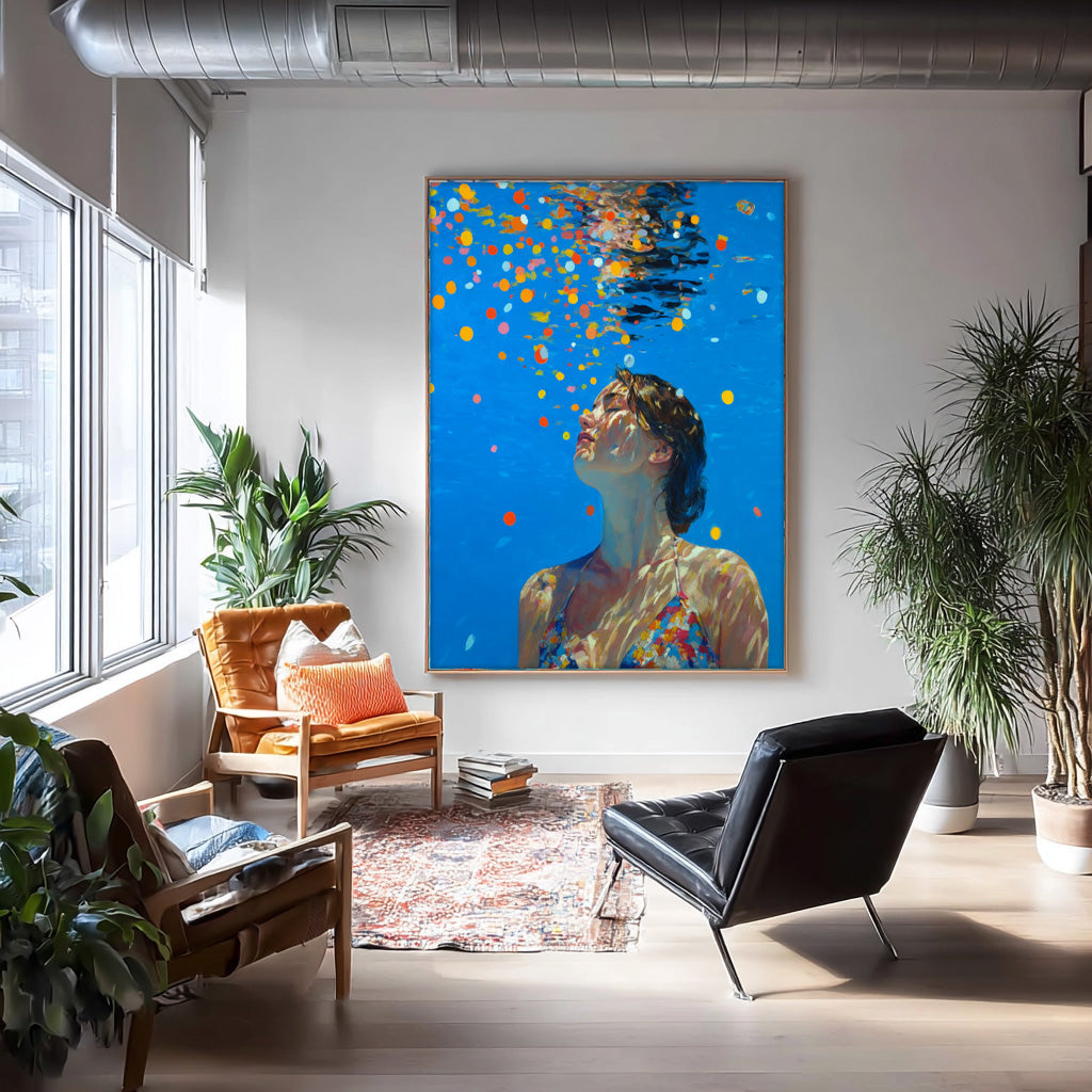 Diving in Ocean Woman Handmade Canvas Artwork Blue Abstract Swimming Girl Wall Art Diving Oil painting