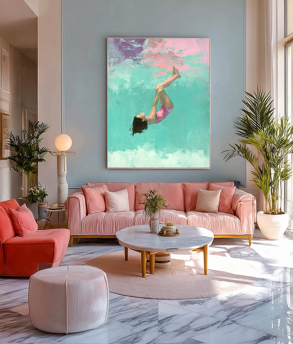 Diving In Ocean Sensual Woman Acrylic Painting Lovely Lady Artwork Original Girl swimming Wall Art