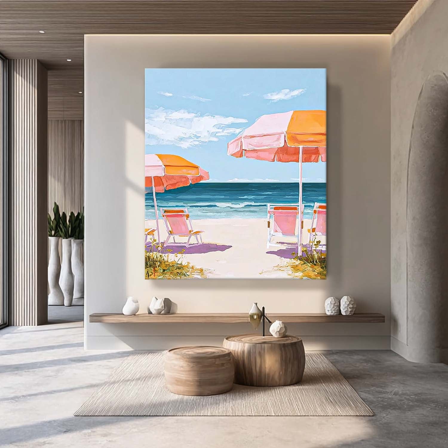 Abstract Beach Scenery Oil Painting Framed Colorful Seaside Landscape Artwork Large Wall Art Home Decor