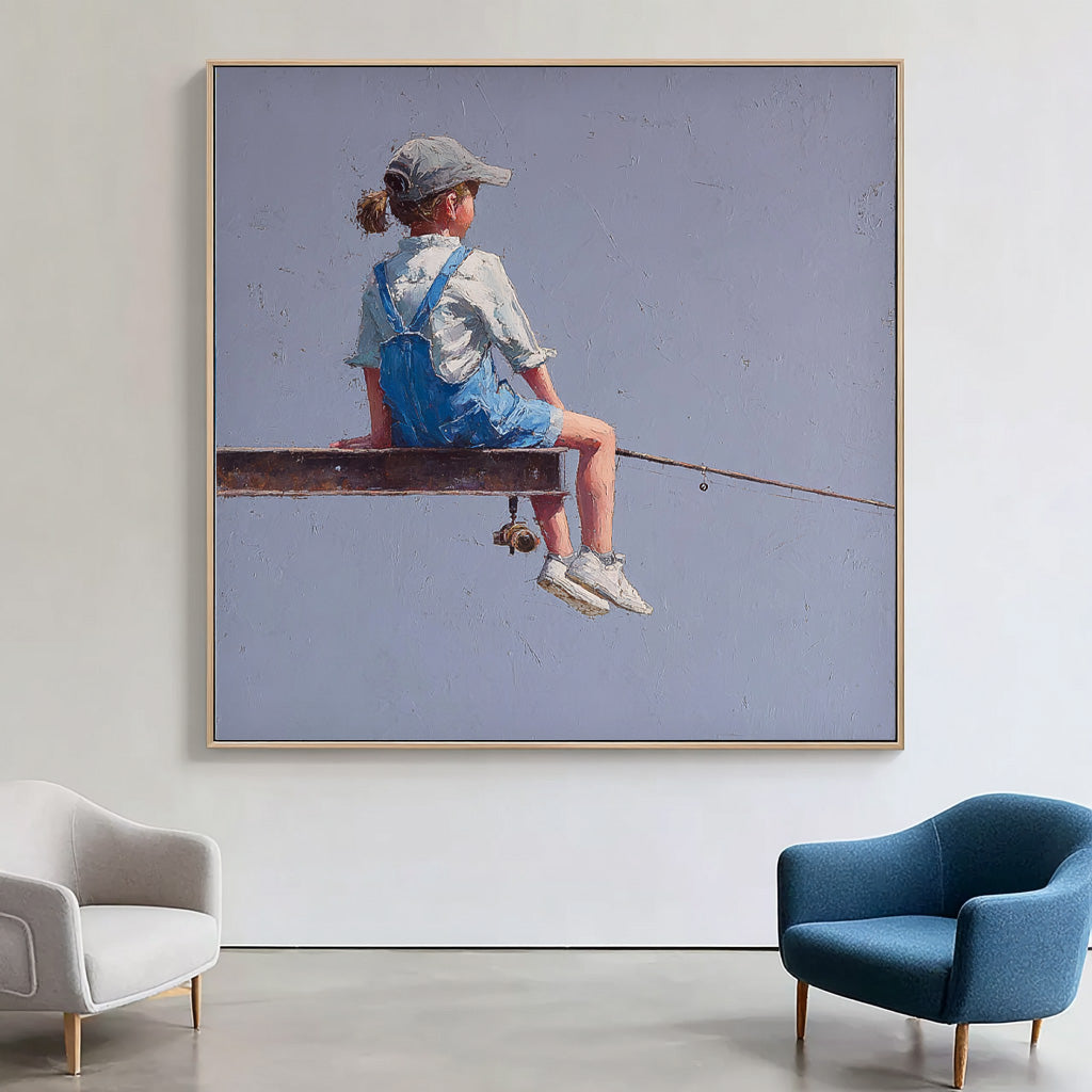 Original Purple Wall Art Abstract Warm atmosphere Art Minimalist Girl Fishing Painting For Living Room