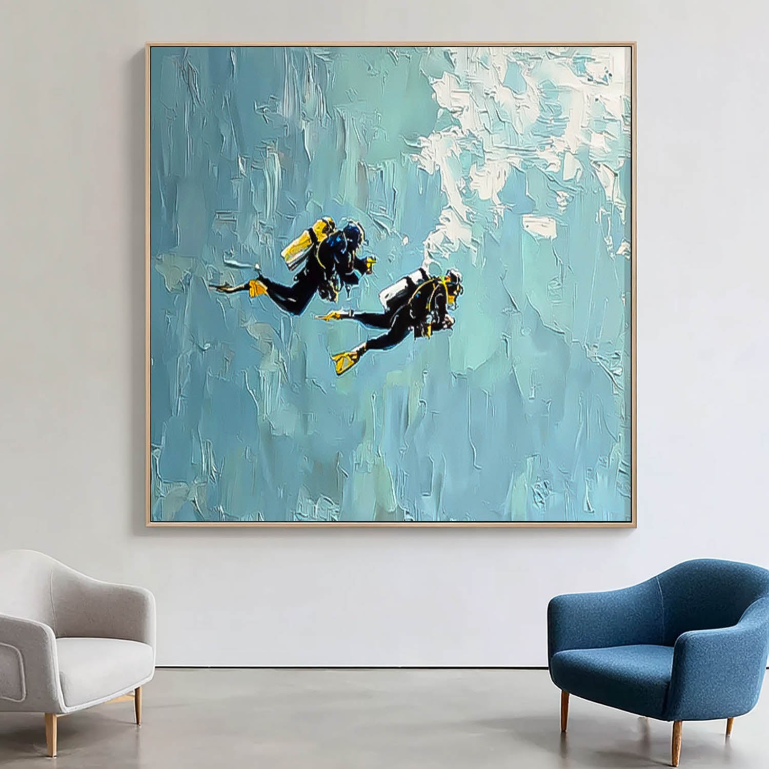 Large Ocean Painting Blue Texture Painting Minimalist Diving Art Abstract Underwater Artwork Diving Gifts